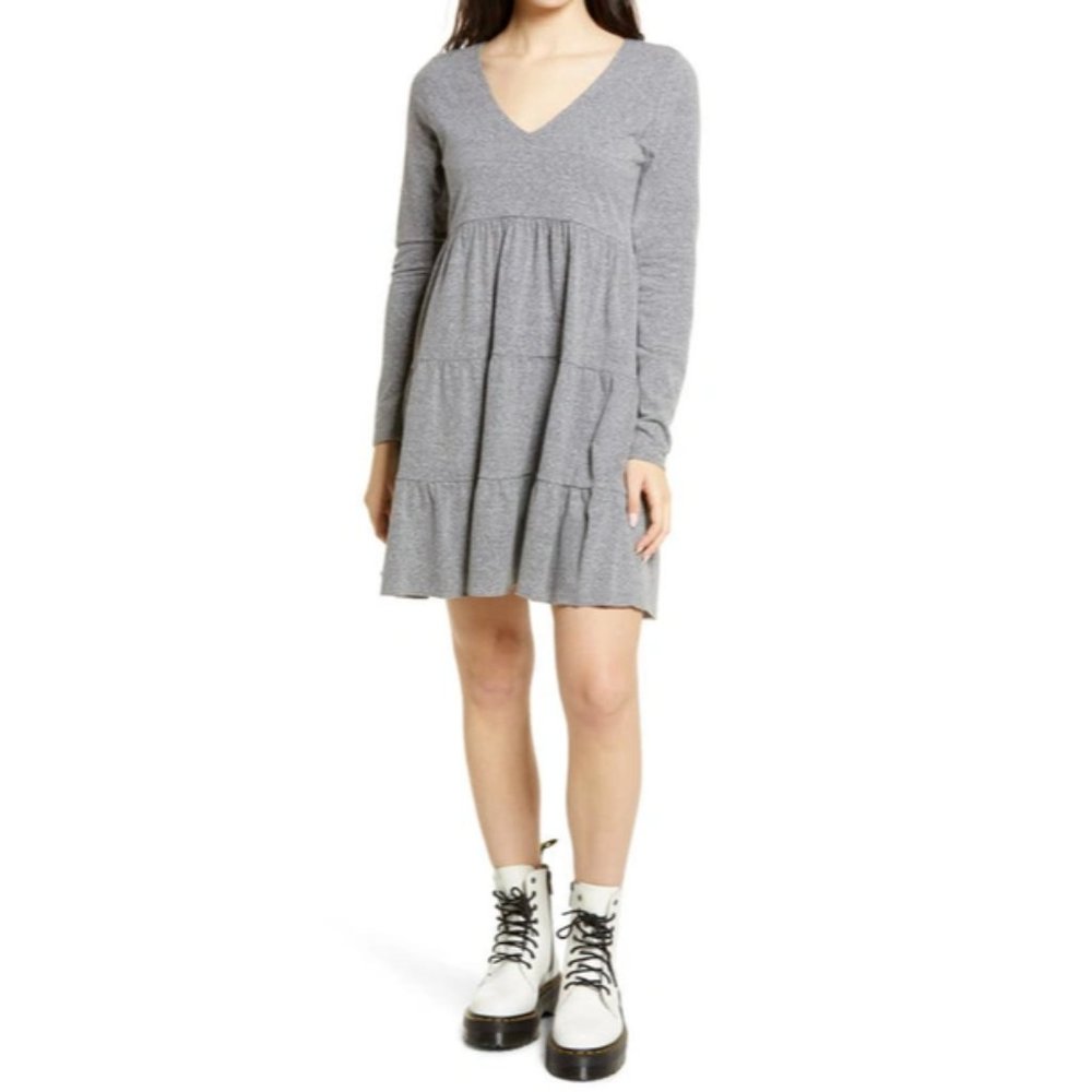 New BP Women's Sizes S / XXS Grey Heather Tiered Long Sleeve Knit V-Neck Dress‎